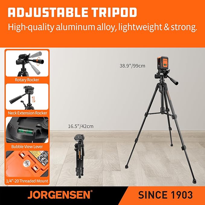 JORGENSEN Laser Level with Tripod, 100 FT Dual Modules Self Leveling Cross Line Laser Leveler Tool with 360° Magnetic Base, Green Laser Level for Picture Hanging, Tile, Home Renovation, Indoor Project