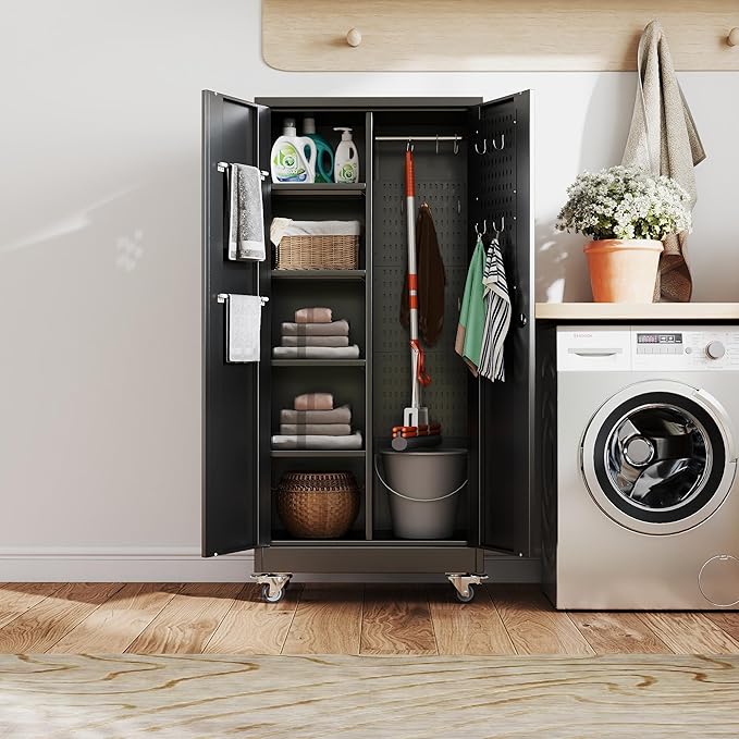 Garage Storage Cabinet with Wheels and 5 Pegboard, Broom Closet Storage Cabinet with Hanging Rod and 13 Hooks, Metal Cabinets with Locking Doors and 4 Shelves, 61.7"H x 27.6"W x 13.8"D,Black