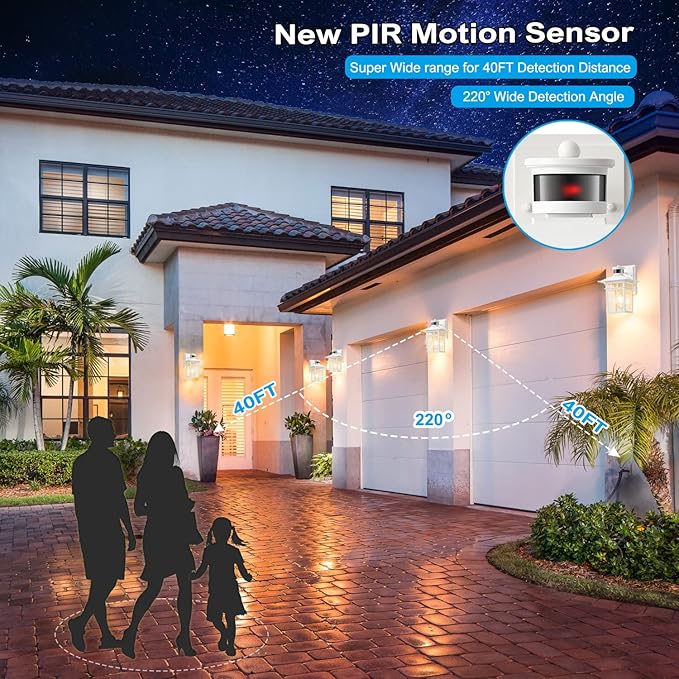 HIFEELE 2 Pack Motion Sensor Outdoor Lights Wall Mount Lantern, White Dusk to Dawn Outdoor Lighting, Anti-Rust Waterproof Exterior Light Fixture with Tempered Glass for House Porch Garage Entryway