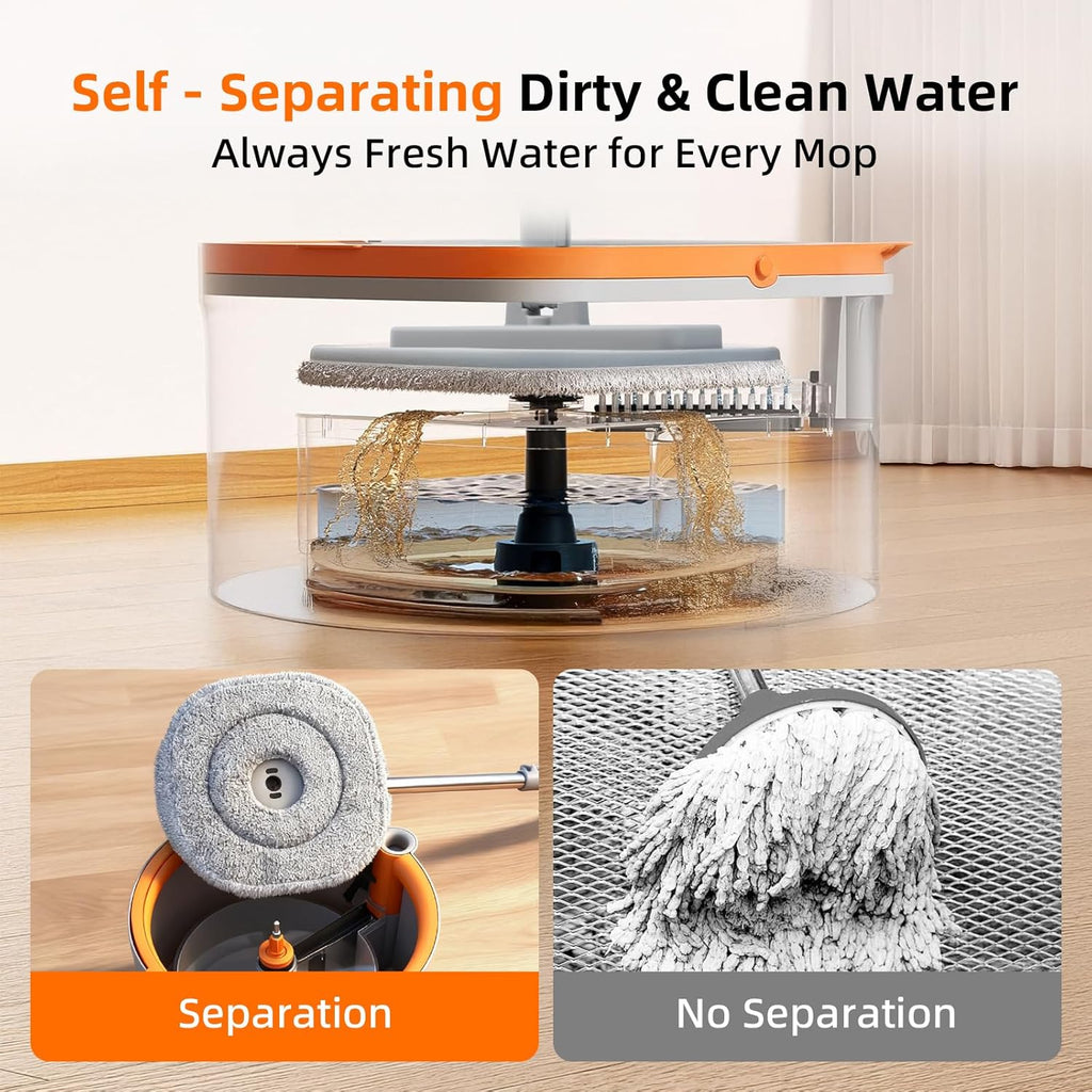 Mop and Bucket Set, Spin Mop with Dirty Water Self Separation System with 4 Mop Head Replacement, Self Cleaning Mops and Buckets System with Mop Scraper for Household Use Floor Cleaning