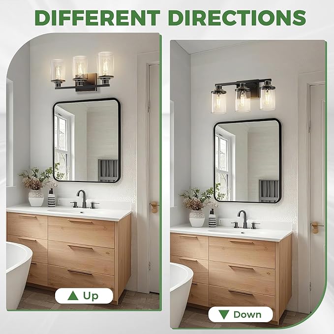 DORESshop 20 Inch Bathroom Light Fixtures, 3-Light Black with Gold Trim Over Mirror with Clear Glass Shade, Vanity Lights for Living Room Bedroom, ETL Listed