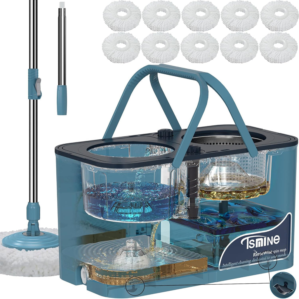 Gen 1 Large-Capacity Spin Mop and Bucket – for Big Homes & Deep Cleaning Days,4-Chamber System Separates Dirty & Clean Water, 2-GAL Heavy-Duty Design with Wheels & 10 Refill Mop Heads - Blue/Grey