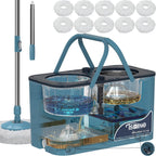 Gen 1 Large-Capacity Spin Mop and Bucket – for Big Homes & Deep Cleaning Days,4-Chamber System Separates Dirty & Clean Water, 2-GAL Heavy-Duty Design with Wheels & 10 Refill Mop Heads - Blue/Grey