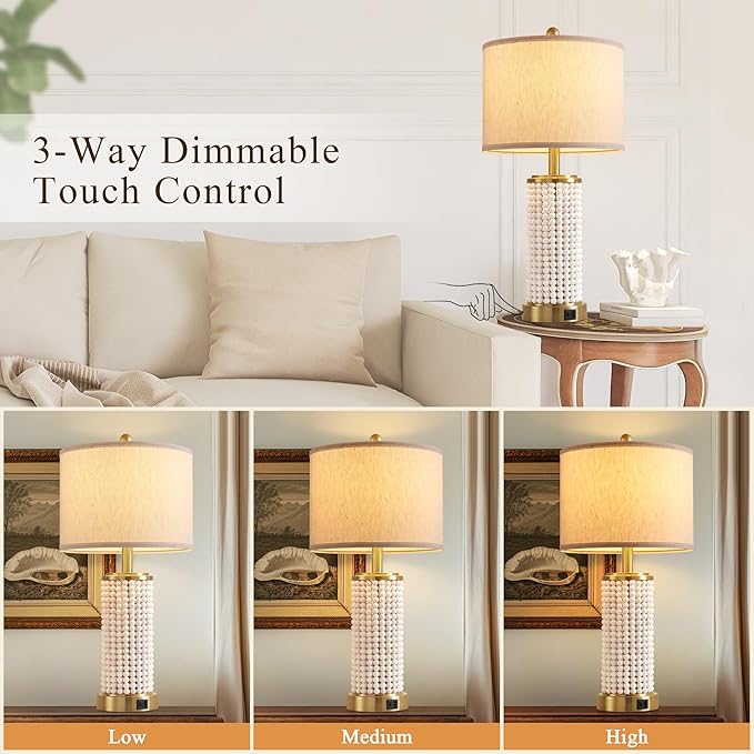 Wood Beaded Table Lamp Set of 2 for Living Room Bedroom Touch Control 3-Way Dimmable 24.5" Farmhouse Table Lamps Rustic Nightstand Bedside Lamps(2 Bulbs Included)
