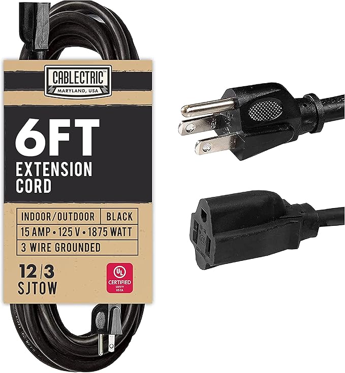 6 Ft Heavy Duty Extension Cord, SJTOW Oil Resistant 12/3 Outdoor Extension Cord with 3 Prongs, Flame Retardant, Black Electrical Cable for Outside, Farm, Ranch, American Owned