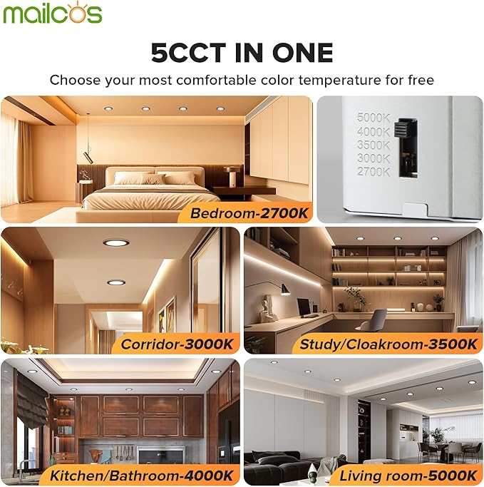 MAILCOS 12 Pack Black 6 Inch 5CCT LED Recessed Ceiling Light with Night Light, 2700K-5000K Selectable, Ultra-Thin Lighting, 12W=110W, 1050LM, Dimmable Canless Wafer Downlight ETL Certificated