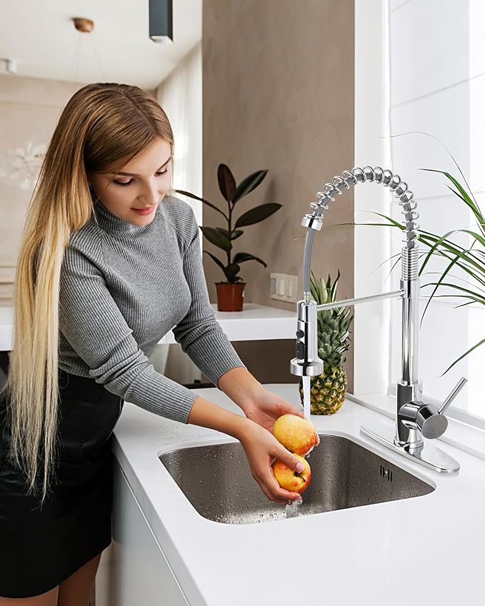 Kitchen Faucet with Pull Down Sprayer: Chrome 3-Function Kitchen Sink Faucet for 1 or 3 Hole - Stainless Steel Single Handle Spring Kitchen Faucets with Deck Plate for Farmhouse RV Laundry