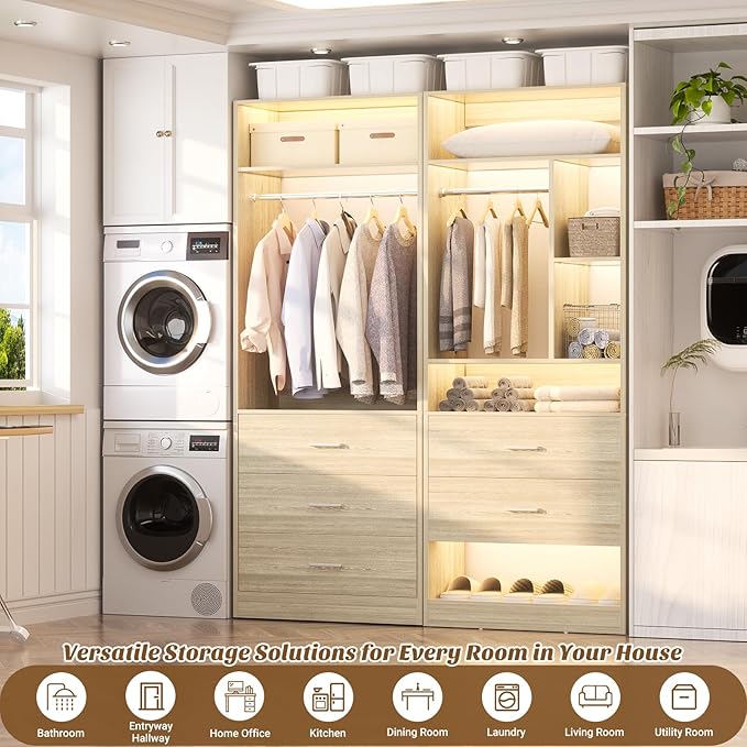 4FT Closet Systems with 5 Wood Drawers, 48 Inch Closet Organizer System with 2 Hanging Rods & 7 Shelves, 48" Walk-in Closet, White Oak (48"L x 15" W x 80" H)