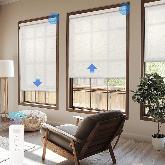 Motorized Blinds with Remote Cordless Automatic Motorized Shades Custom Blinds for Windows Smart Curtains Compatible with Alexa Google Home(Light Filtering Linen Sandy Beach,W68 x H72in)