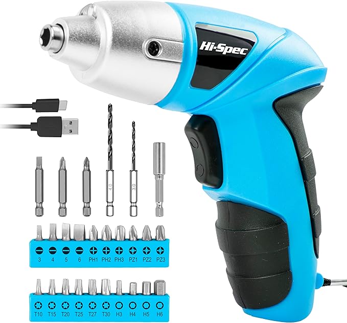 Hi-Spec 27pc 3.6V Blue USB Small Power Electric Screwdriver Set. Cordless & Rechargeable with Driver Bit Set