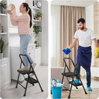 2 Step Ladder, Portable Steel Folding Step Stool with Wide Anti-Slip Pedal & Convenient Handgrip, 500lbs Sturdy Steel Ladder, Black