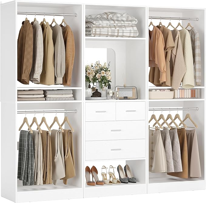 Unikito 75 Inch Closet System with 4 Drawers, 6.3FT Walk in Closet Organizer with Hanging Rods and Mirror Design, Reversible Large Closet Wardrobe with Shelves, Adjustable Closet Tower, White