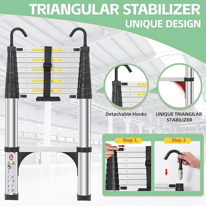 Telescoping Ladders 10.5 FT Aluminum Ladder - One-Button Retraction Collapsible Extension Ladder for Home,RV,Attic & Loft, Lasts 330 LBS with 2 Triangle Stabilizers and 2 Detachable Hooks