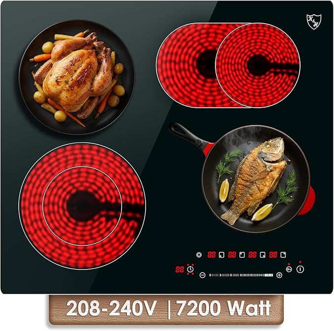 K&H 4 Burner 24 Inch Built-in Electric Stove Top Radiant Ceramic Cooktop SLIDER Touch Control 240V 7200W CE24-7206SL