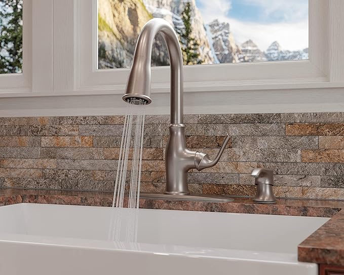 Pfister Rosslyn Kitchen Faucet with Pull Down Sprayer and Soap Dispenser, Single Handle, High Arc, NSF Certified, Spot Defense Stainless Steel Finish, F5297RSSRGS