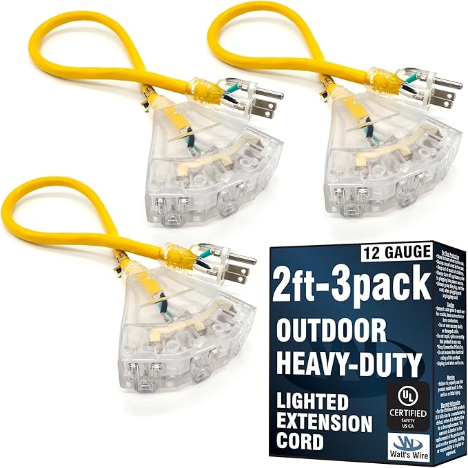 3 Pack - Outdoor Extension Cord Waterproof (2 ft) 12 Gauge Heavy Duty Extension Cord Splitter - Lighted Outdoor Extension Cords with Multiple Outlets - 2' Grounded - extensiones electricas