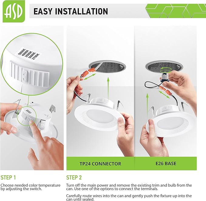 ASD Retrofit LED Recessed Lighting 4 Inch | 9W 700 Lm Wet Rated Dimmable Ceiling Downlights | 2700K-5000K Adjustable CRI90 White Room Recessed Light Fixtures | LED Can Lights, UL 12 Pack