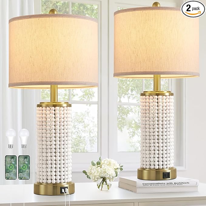 Wood Beaded Table Lamp Set of 2 for Living Room Bedroom Touch Control 3-Way Dimmable 24.5" Farmhouse Table Lamps Rustic Nightstand Bedside Lamps(2 Bulbs Included)