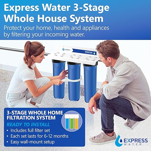 Express Water Whole House Water Filter System | ESSENTIAL | 3 Stage Whole Home Filter, Top-Tier Filters Produce Overachieving H2O, Significantly Reduces Chlorine & Sulfur Smell/Taste, Healtheir Skin