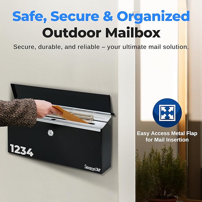 SereneLife Outdoor Wall Mailbox & Newspaper Holder | 0.24 FT Cubic Mailbox | Easy Installation, Secure Lock Mechanism | Ideal for Residential or Commercial Use | Wall Mountable | 15x3x11 in | Black