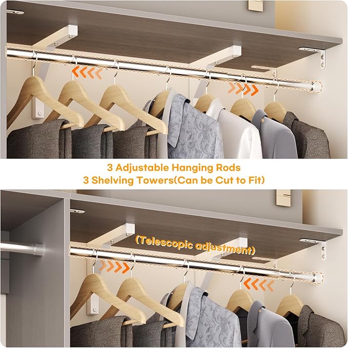 Cyclysio 96 Inch Closet Organizers and Storage, 8 FT Hanging Closet Organizer with 4 Adjustable Rods, Wardrobe Organizers with 3 Shelving Towers for 4-8FT Spaces(Cut-to-Fit), Gray