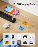 10Ft Extension Cord with Multiple Outlets, SUPERDANNY Flat Plug Surge Protector Power Strip with 3 USB Ports & 6 Outlets, 10 Ft Long Cord, Black Charging Station for Home Office, Dorm Room Essentials