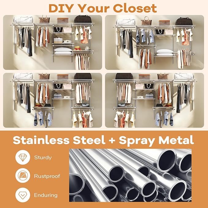 Giantex Closet Organizer System, Wall-mounted Custom Closet Kit w/Adjustable Storage Shelves, Wardrobe Clothes Rack w/Hanging Rods, Perfect for Coats, Pillows, Blanket (White, 98.5"x13.5"x48)