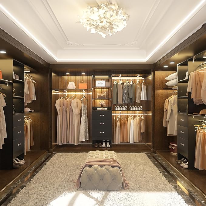 Armocity 96 Inches Closet System, 8FT Walk In Closet Organizer with 3 Shelving Towers, Heavy Duty Clothes Rack with 3 Drawers, Built-In Garment Rack, 96" L x 16" W x 75" H, Max Load 1000 LBS, Black