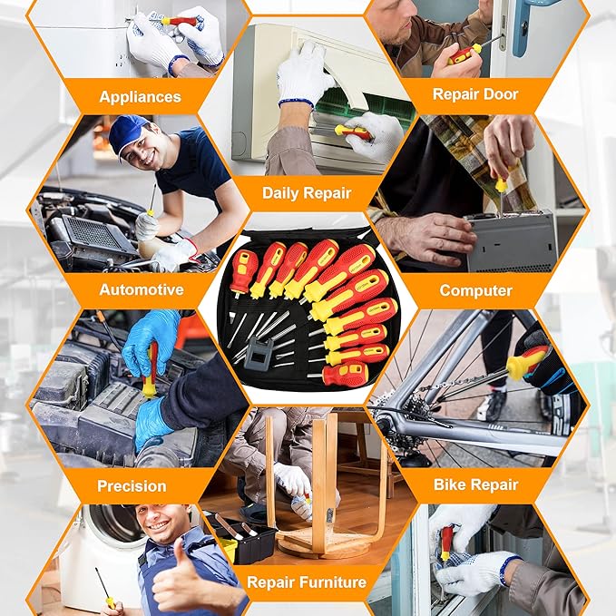 Magnetic Screwdriver Sets 10 PCS,Craftsman Screwdriver Set with Bag,Flat Head Phillips Screwdriver, Non-Slip Cushion Grip for Repair Home Improvement,Red & Yellow