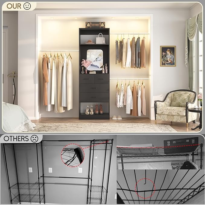 Unikito 96” W Closet Systems, Adjustable 8FT Walk in Closet Organizer Starter Kit with 25” Tower and 3 Hanging Rods, Sturdy Garment Rack with 4 Drawers and Mirror, 96" W x 16" D x 80" H, Black