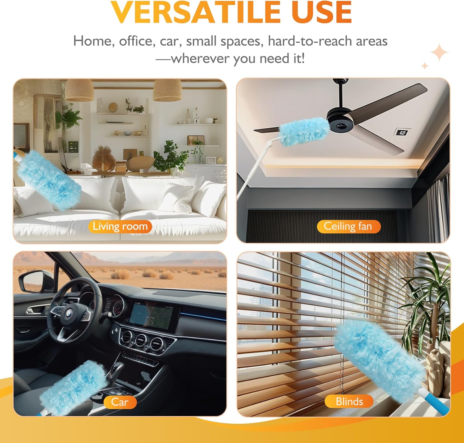 60ct 360° Heavy Duty Duster Refills Kit for Swiffer Duster, 4X Dust Capture Power with Microfiber, Disposable Feather Dusters for Cleaning Ceiling Fan, Cobweb, Car,1 Extended &1 Short Handle