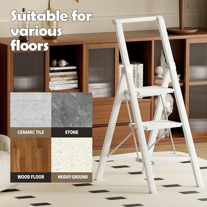 Taranta 3 Step Ladder, Portable Folding Ladder with Wide Pedal, Lightweight Aluminum Step Stool with Convenient Handgrip, 330 lbs Capacity Stepladder for Home, Office - White