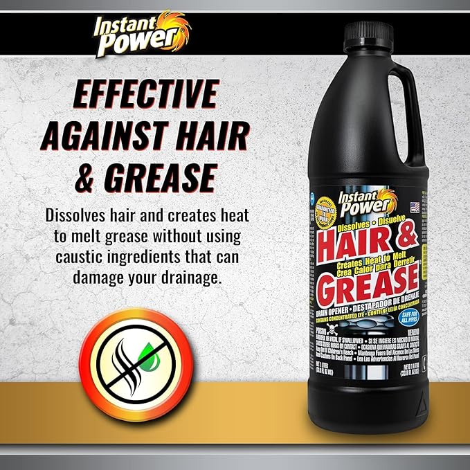 Instant Power Hair and Grease Drain Cleaner - Shower Drain & Sink Cleaner, Liquid Clog Remover, Made in USA, Sink Deodorizer - 1 Liter (Pack of 2)