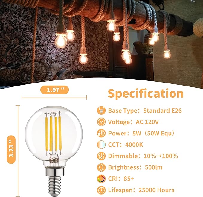G16.5 Led Bulb, Small Round Edison Light Bulbs, Dimmable E12 Globe Clear Vanity Light Bulbs, 5w 4000k Vintage LED Filament Edison Bulb