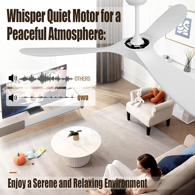 52" White Outdoor Ceiling Fan No Light,Solid Wood Modern Ceiling Fans Without Lights, Quiet High Cfm Energy Efficient 3 Blade Farmhouse Patio Dc Motor Rustic Exterior Large Living Room Ceiling Fan