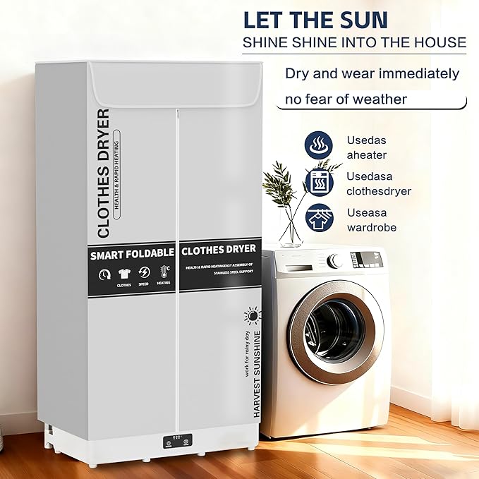 Clothes Dryer, Portable Foldable Drying Machine with Timer, Easy Carry Laundry Drying Wardrobe with Large Capacity, Electric Dryer/Rack for Home | Appartments | RV (Grey DF1)