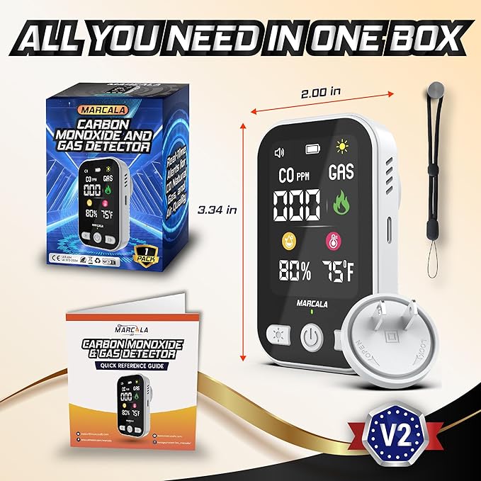 MARCALA 2026 1-Pack Travel Carbon Monoxide Detector | Carbon Monoxide Detectors Portable | Carbon Monoxide and Gas Detectors | Wall Plug-in & Battery for Power Outage | Temp, Humidity, Gas & CO Alarm!