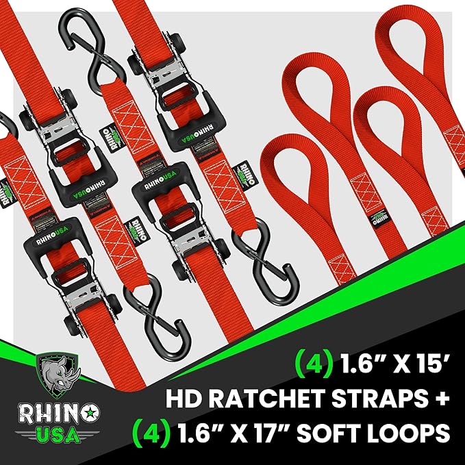 Rhino USA Ratchet Straps Heavy Duty Kit (4-Pack) - 1.6 Inch x 15 Feet (5,208lb Break Strength) - Ultimate Tie Down Straps with Safety S Hooks for Trucks, ATV, UTV, Motorcycle, Cargo & More - Red