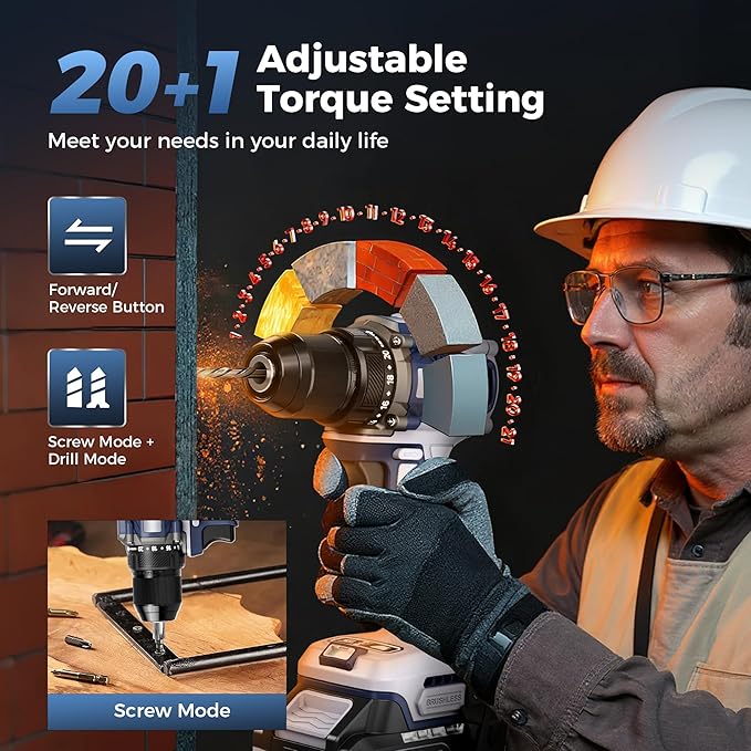 20V Cordless Drill, Power tool, 620 in-lbs Torque, 3/8" Metal Keyless Chuck with Safety Lock, 20+1 Position Electric Drill Driver with LED, Brushless Power Drill with 2.0Ah Battery and Charger