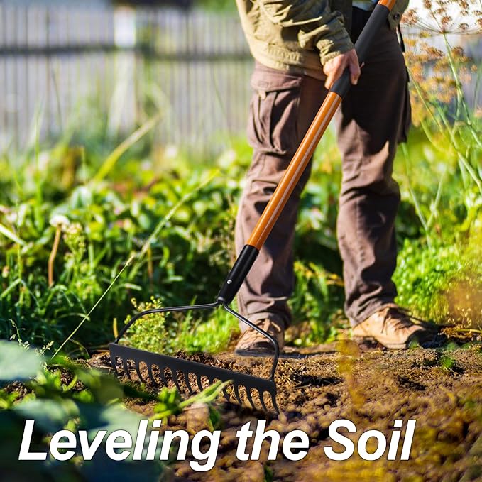 VNIMTI Garden Rake for Gardening, Heavy Duty Garden Rake for Lawns, 14 Tines Bow Rake with Fiberglass Handle, 58 Inches