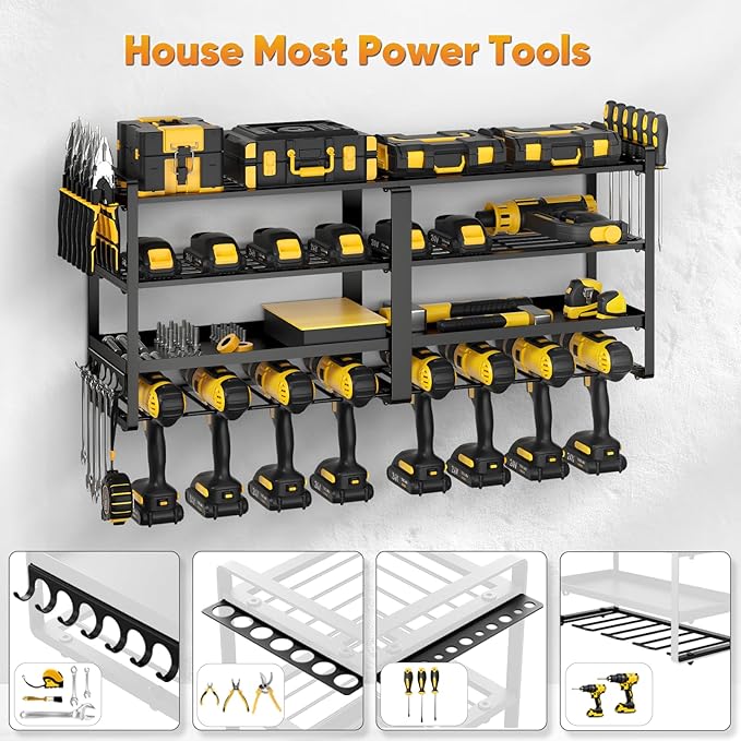 33" W Large Power Tool Organizer Wall Mount Loads 400 lbs, Heavy Duty 4-Tier 8 Drills Holder, Cordless Tool Storage Battery Shelf, Utility Racks for Garage Workshop Shed, Gifts for Men Husband