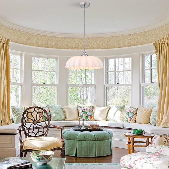 15.7" Vintage Flower Brushed Nickel Chandelier - Adjustable Height White Milk Glass Shades Pendant Light Fixture for Kitchen Island, Dining Room, Bedroom