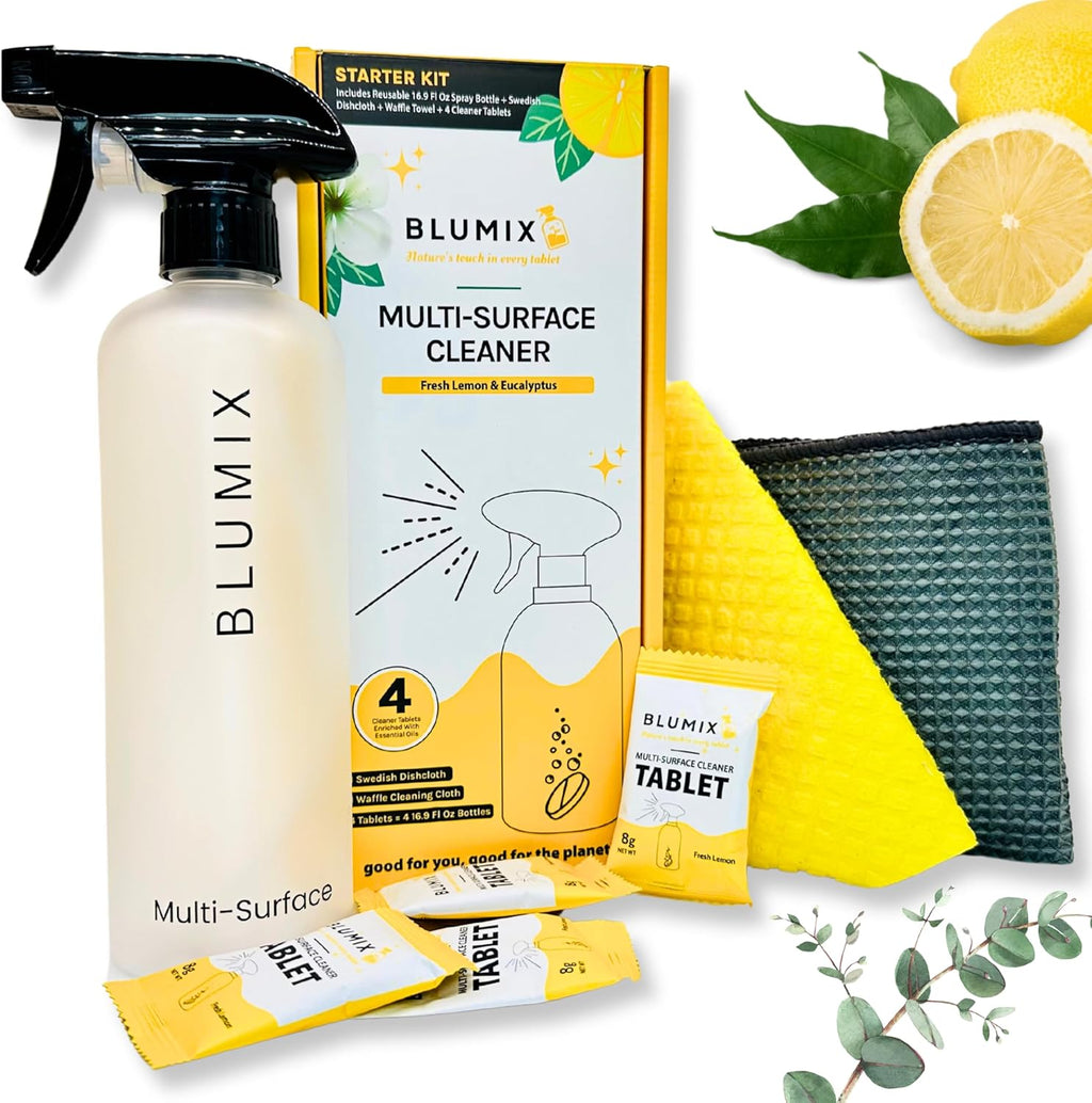 Eco-Friendly Cleaning Kit – Spray Bottle, 4 Refill Tablets, Swedish Dishcloth & Glass Cloth | Lemon & Eucalyptus | Plant-Based, Biodegradable All-Purpose Surface Cleaner Starter Set, Gift
