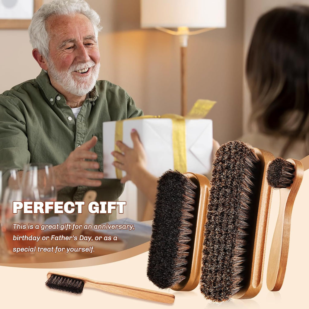 4 Pcs Horsehair Shine Shoes Brush Kit Polish Dauber Applicators Cleaning Leather Shoes Boots Care Brushes Suede Cleaner Brush with Microfiber Shoe Cloth(Wooden Style A)