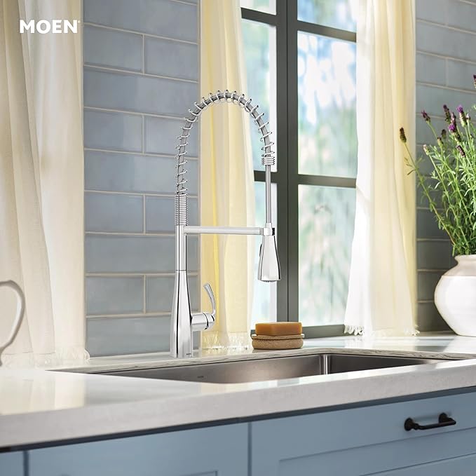 Moen Essie Chrome One-Handle High Arc Pre-Rinse Spring Pulldown Kitchen Faucet with Power Clean, 87814