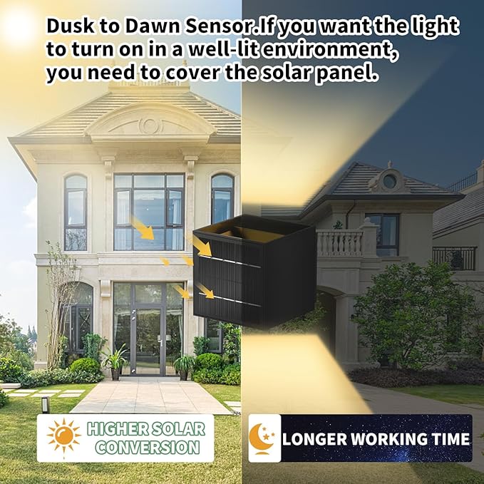 LANFU Solar Powered Motion Sensor Square Outdoor Wall Lights,Black Modern Up and Down Wall Lamps 10W,IP65 Waterproof Warm White 3000K Wall Sconce Light Exterior for Fence,Garden