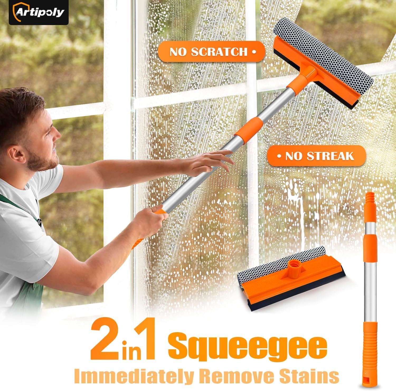 Squeegee for Window | 2-in-1 Window Cleaner Sponge and Soft Rubber Strip with Telescopic Extension Pole 18”-29” | Window Washer for Shower, Car Windshield, Mirror, Glass Cleaning