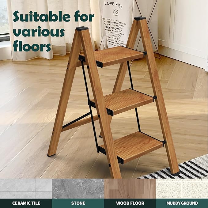 Taranta 3 Step Ladder,Aluminum Lightweight Folding 3 Step Stool with Anti-Slip Wide Pedal, 330lbs Capacity Step Ladder for Household,Kitchen,Office - Woodgrain