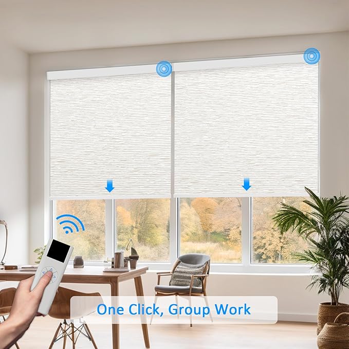 Motorized Blinds with Remote Cordless Automatic Motorized Shades Custom Blinds for Windows Smart Curtains Compatible with Alexa Google Home(Light Filtering Jacquard Beige,W44 x H72in)