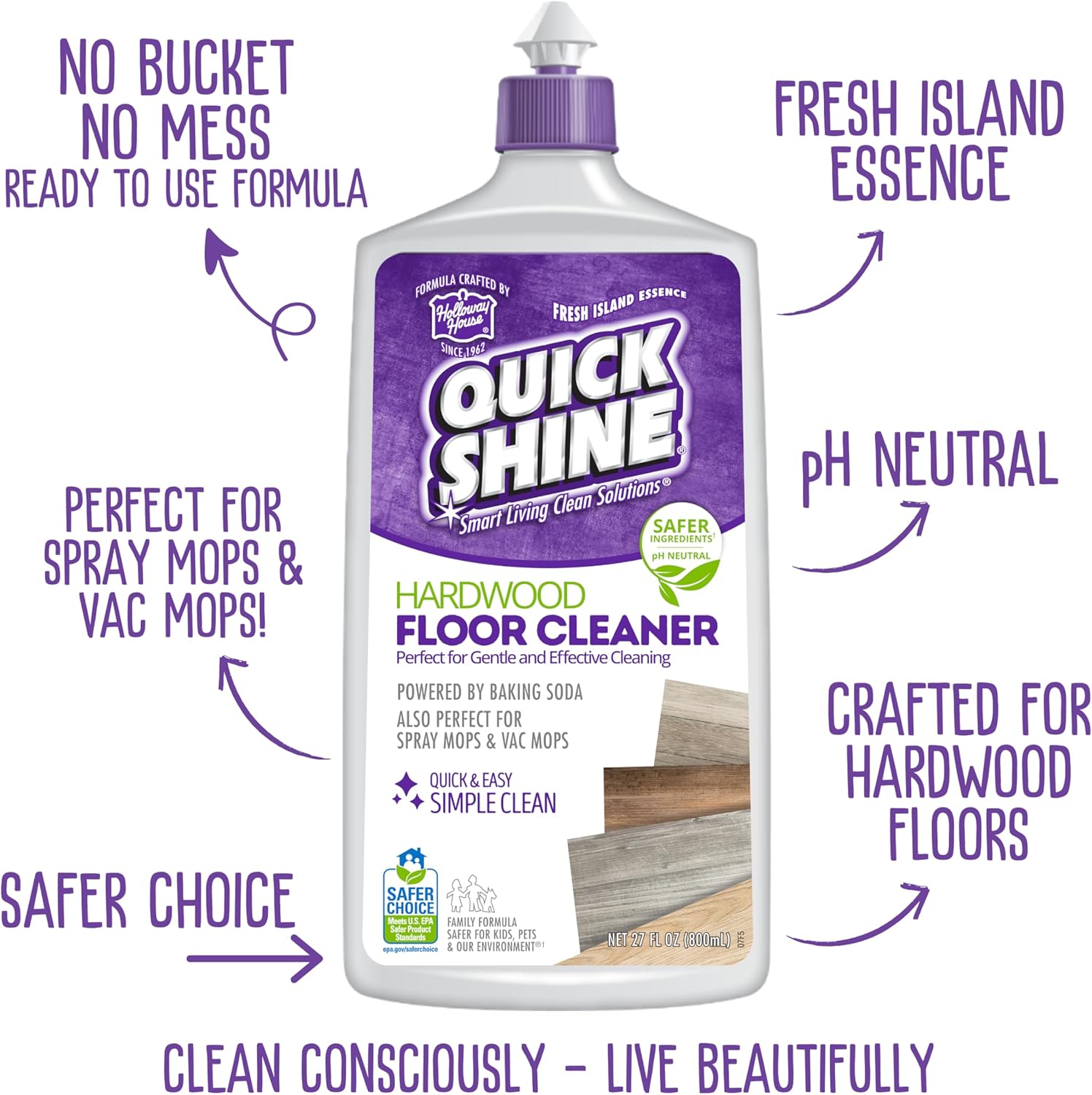 Quick Shine Hardwood Floor Cleaner & Wood Floor Polish w/Plant-Derived Carnauba 2-27oz Bottles, Removes Scratches, Safer Choice, A Clean That Can Be Seen